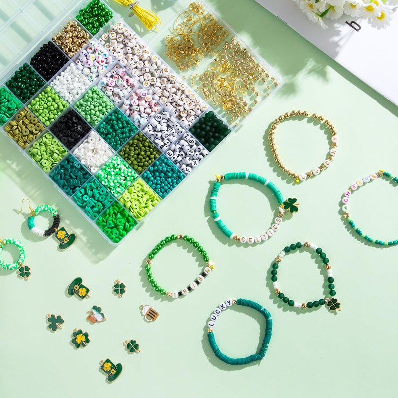 Goldwise 3900 Pcs St. Patrick's Day Bracelet Making Kit with Clay & Glass Seed Beads, 18 Colors, 3 Styles Letter Beads & Charms for Jewelry Making, DIY Craft for Gift & Party - Image 4