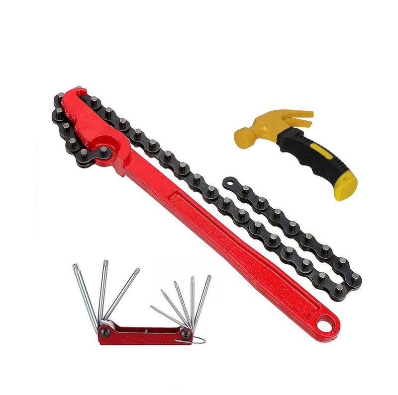 Digital Craft 3 Item Combo 9 Inch Chain Type Oil Filter Wrench Auto Tool Engine Box Spanner Oil Fuel Filter Wrench Removal Tools Remover With Chain Wrench Folding Trox Allen Key Mini Hammer - Image 1