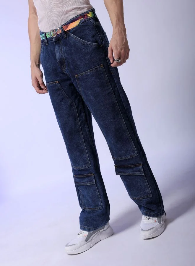 The Indian Garage Co Men Baggy Solid Mid-Rise Carpenter Utility Denim