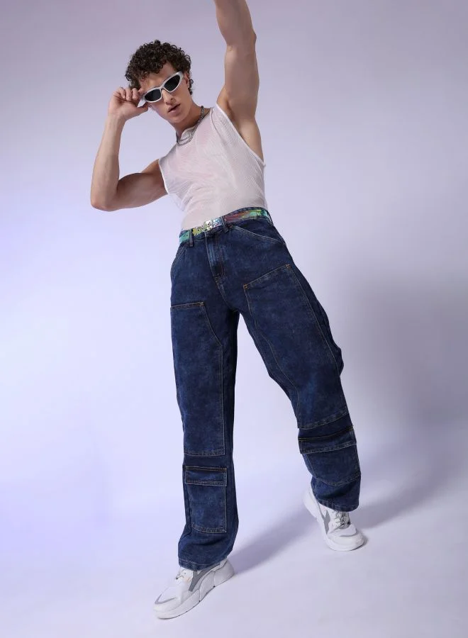 The Indian Garage Co Men Baggy Solid Mid-Rise Carpenter Utility Denim