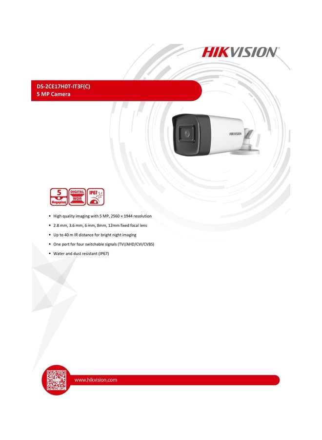 HIKVISION DS-2CE17H0T-IT3F 5MP Turbo Outdoor Bullet EXIR Camera, Fixed 3.6Mm Lens, NTSC C9 – 40 MTR IR - Image 3