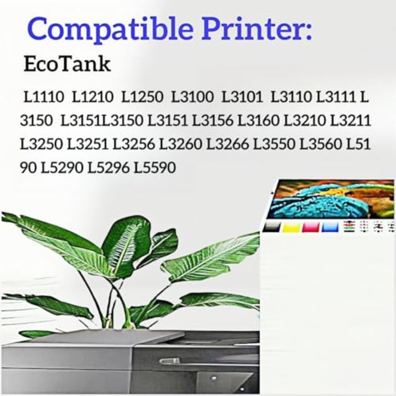 مجموعة حبر طابعة EcoTank لـ L1110/L3110/L3111/L3150/L3151/L3156/L3160/L3560/L5296: أحبار صبغية سوداء/سماوية/أرجوانية/أصفر، إنتاجية عالية، إعادة إنتاج ألوان زاهية - Image 3