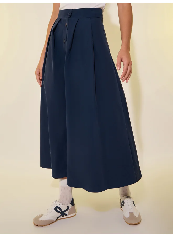 تايك تو Take Two Solid Pleated Button Front A-Line Maxi Skirt
