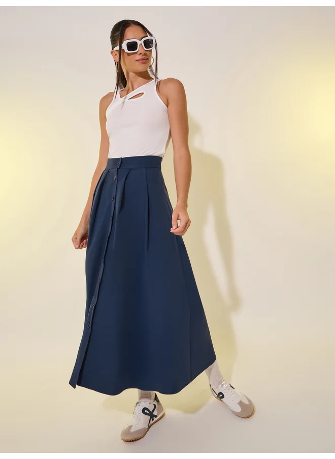 تايك تو Take Two Solid Pleated Button Front A-Line Maxi Skirt