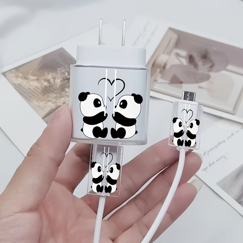 Set Of 3 Transparent Love Panda Design Charger Protection Case For Samsung 25W With Cable Protection Sleeve And Wire End Cover Gift - Image 1