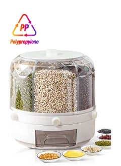 Excefore Grain Dispenser, Grain and Rice Storage Container Kitchen, 360° Rotating 6 Grid Grain Dispenser, Rotating Dry Food Dispenser for Lentils, Small Beans, Barley, Millets, White  - Image 1