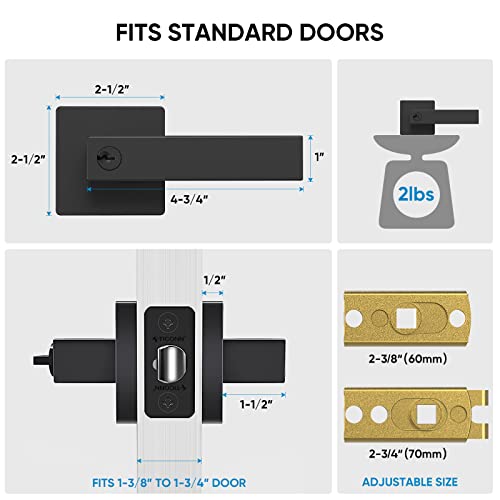 TICONN Matte Black Door Handle Heavy Duty, Reversible Square Door Lever for Bedroom, Bathroom, Rooms (Keyed Entry - Not Keyed Alike, 5 Pack) - Image 3