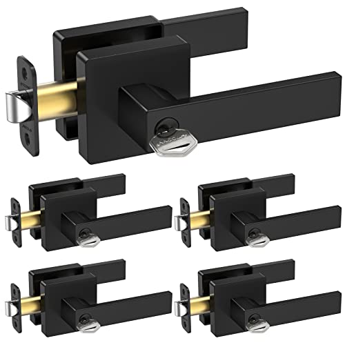 TICONN Matte Black Door Handle Heavy Duty, Reversible Square Door Lever for Bedroom, Bathroom, Rooms (Keyed Entry - Not Keyed Alike, 5 Pack) - Image 1