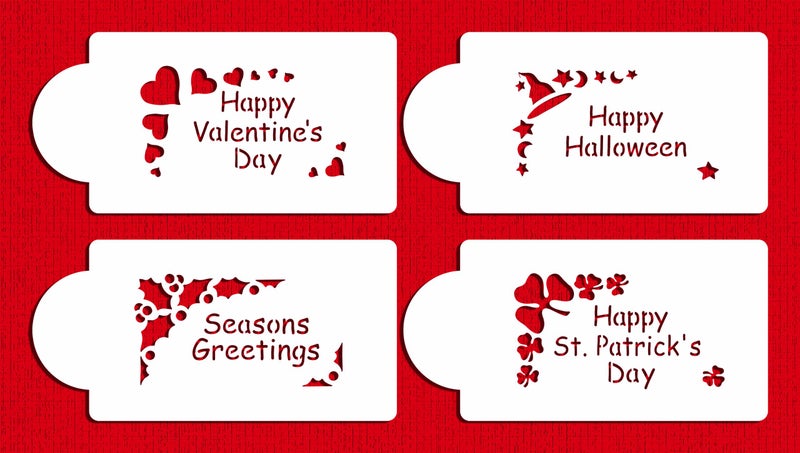 Designer Stencils Holiday Corners Cookie Stencils, (Happy Valentine's Day, Happy Halloween, Happy St Patrick' Day, Seasons Greetings), Beige/semi-transparent - Image 1