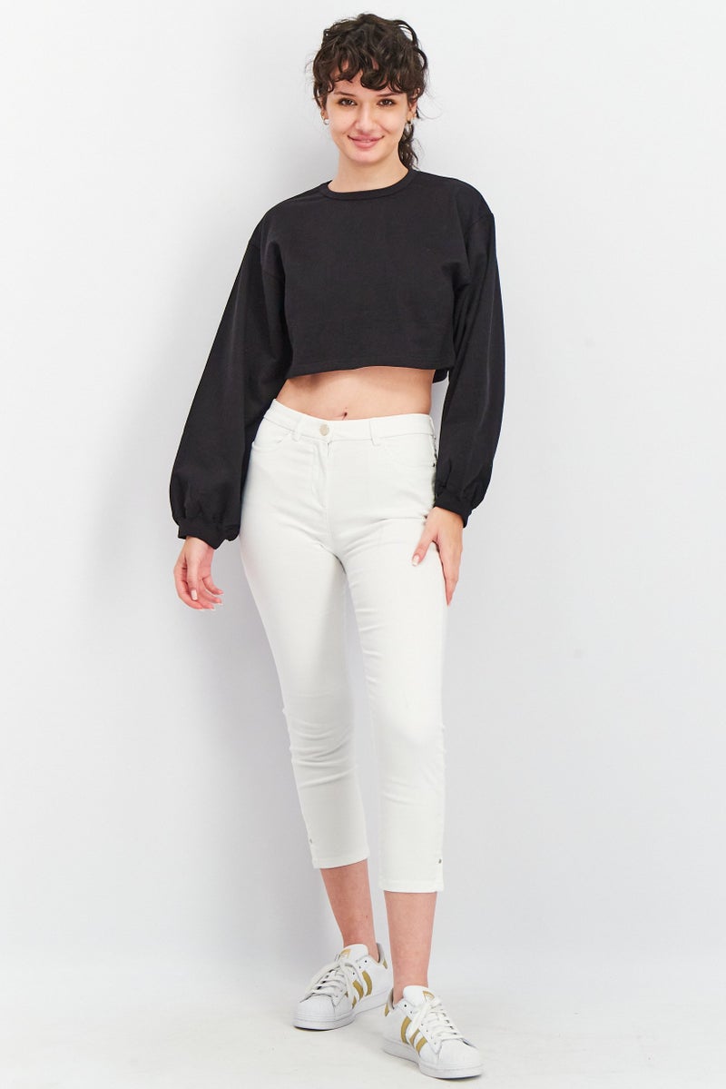 Urban Bliss Women Plus Size Round Neck Long Sleeve Solid Cropped Sweatshirt, Black  - Image 3