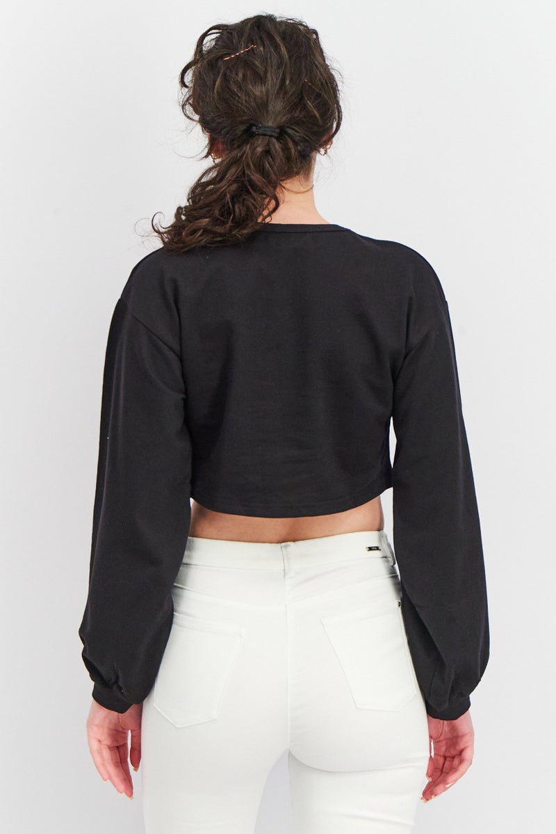 Urban Bliss Women Plus Size Round Neck Long Sleeve Solid Cropped Sweatshirt, Black  - Image 4