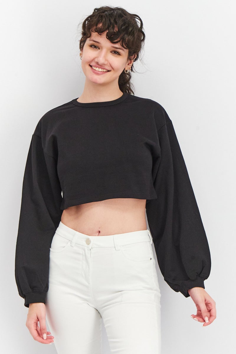 Urban Bliss Women Plus Size Round Neck Long Sleeve Solid Cropped Sweatshirt, Black  - Image 1
