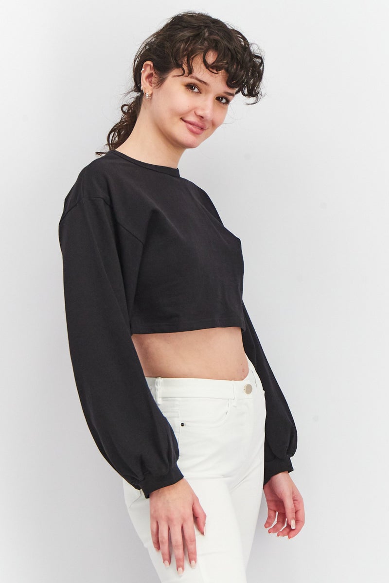 Urban Bliss Women Plus Size Round Neck Long Sleeve Solid Cropped Sweatshirt, Black  - Image 2