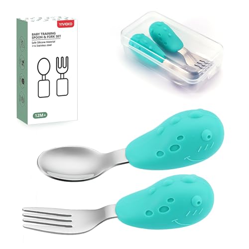 YIVEKO Baby Fork and Spoon Set with Carry Case Baby Training Utensils Self Feeding Toddler Silverware Silicone and Stainless Steel Kids and Toddler Utensil Set-Dinosaur - Image 1