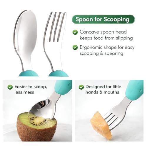 YIVEKO Baby Fork and Spoon Set with Carry Case Baby Training Utensils Self Feeding Toddler Silverware Silicone and Stainless Steel Kids and Toddler Utensil Set-Dinosaur - Image 4