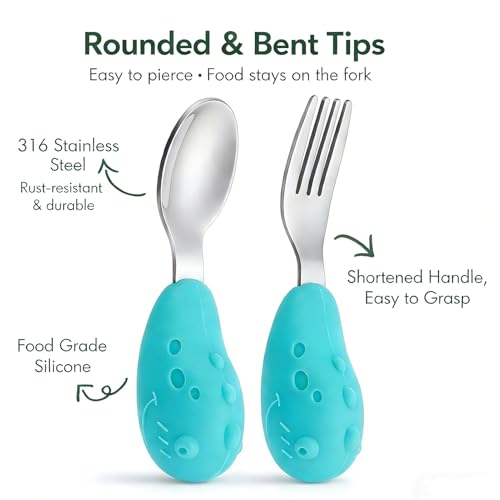 YIVEKO Baby Fork and Spoon Set with Carry Case Baby Training Utensils Self Feeding Toddler Silverware Silicone and Stainless Steel Kids and Toddler Utensil Set-Dinosaur - Image 3