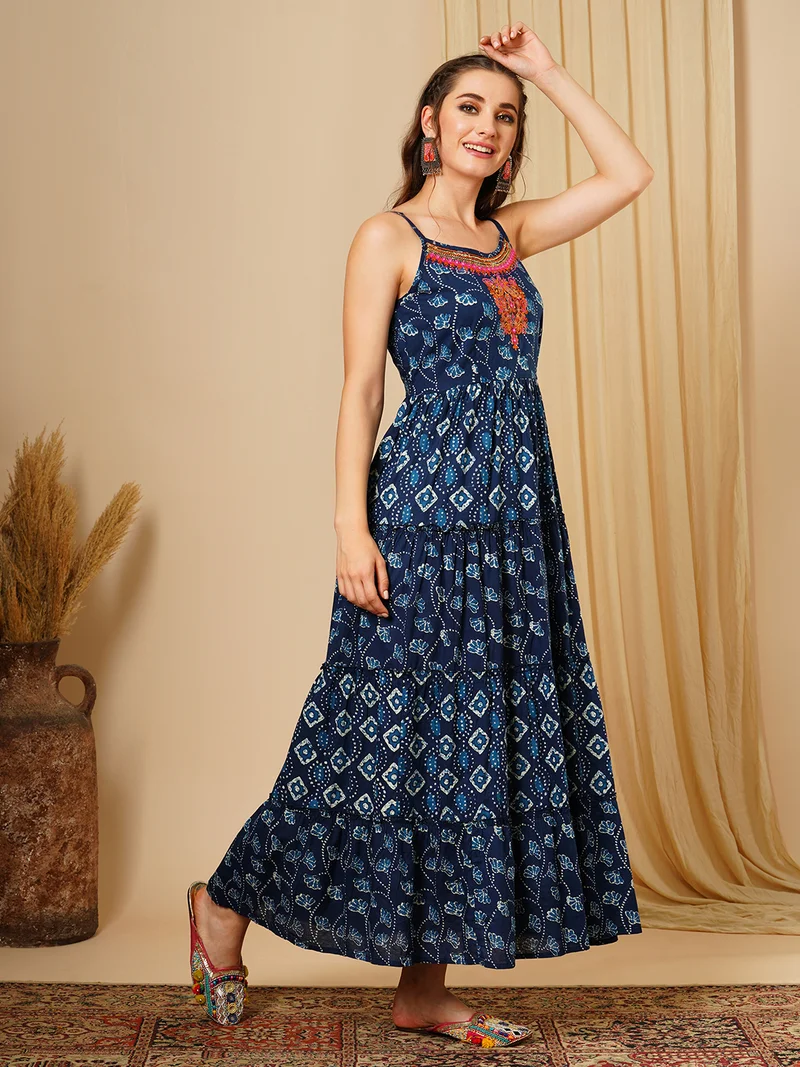 globus Women Printed Cotton Shoulder Straps Maxi Ethnic Dresses