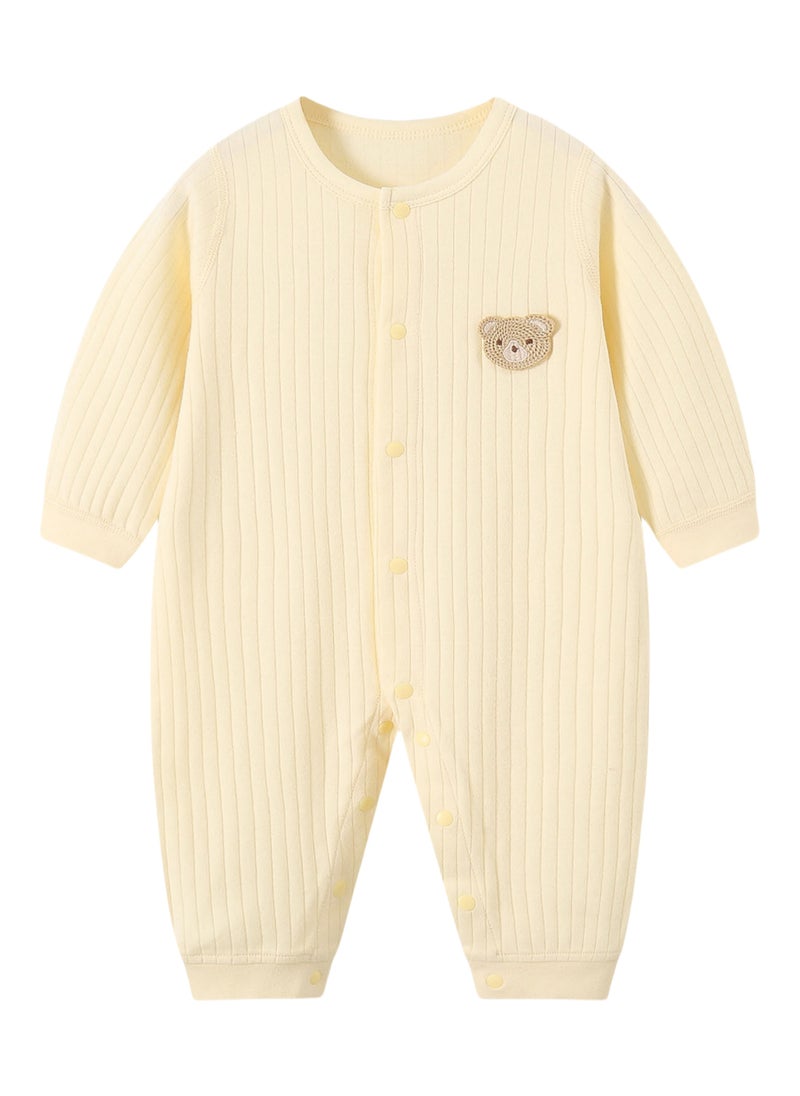 SQ Kids Baby Long Sleeve Romper - 100% Cotton Jacquard Knit, Full Front Snap, Embroidered Bear, Soft & Breathable - For 3-18 Months