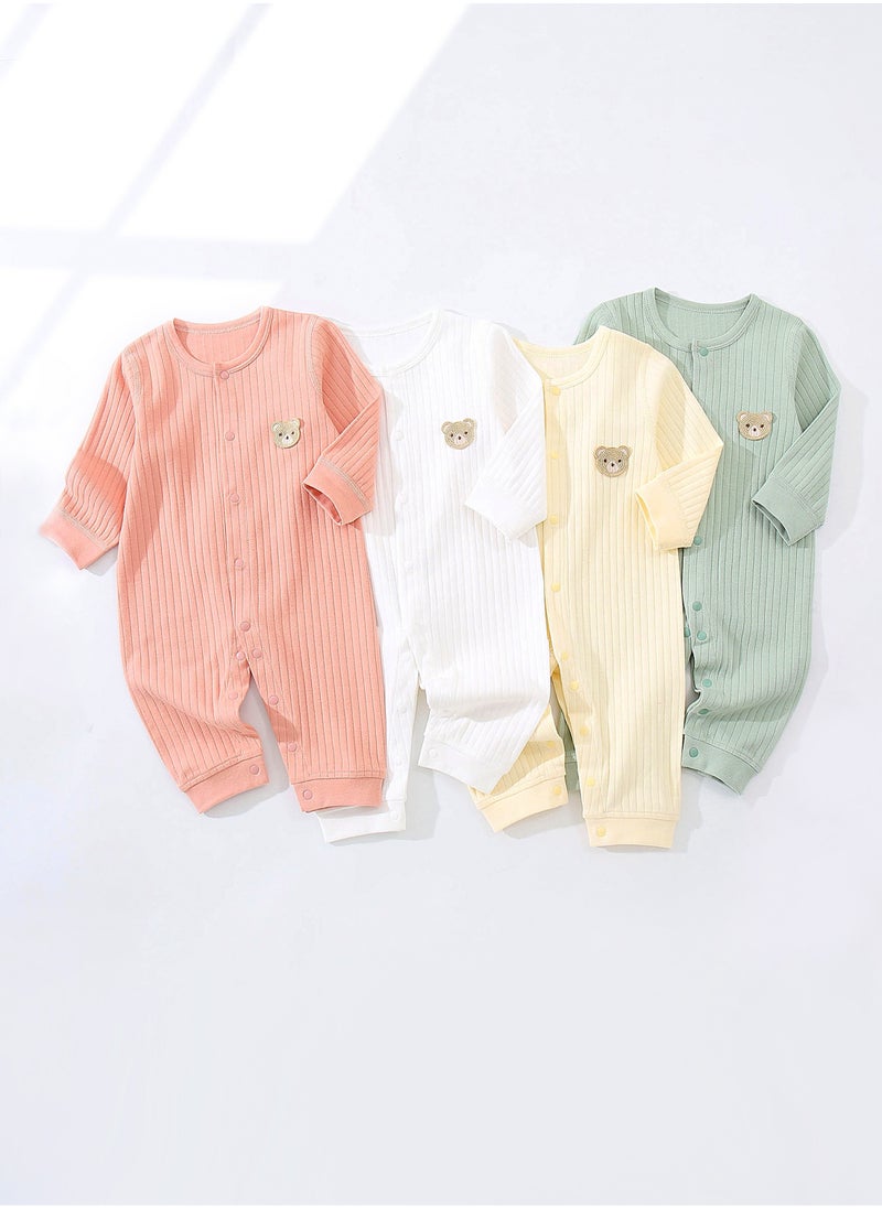 SQ Kids Baby Long Sleeve Romper - 100% Cotton Jacquard Knit, Full Front Snap, Embroidered Bear, Soft & Breathable - For 3-18 Months