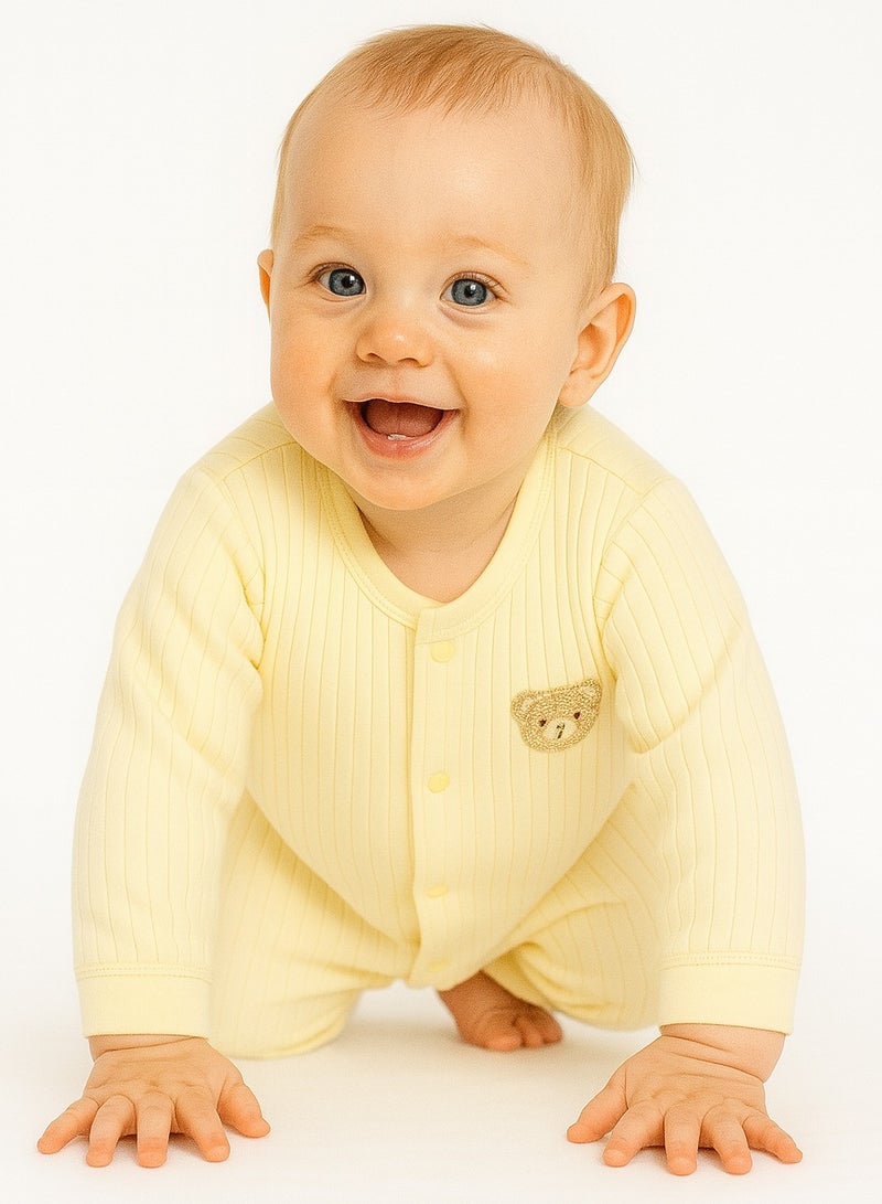 Baby Long Sleeve Romper - 100% Cotton Jacquard Knit, Full Front Snap, Embroidered Bear, Soft & Breathable - For 3-18 Months  - Image 1