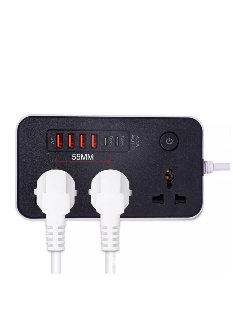 COMFET 9 in 1 Universal Power Strip Extension Cord with USB C 2 Slots,3 Wide Universal Sockets and 4 USB Ports, 110-240v, UK Plug 3 Pin Power Socket 2500w, 3 meter cable, International Plug. (BLACK)