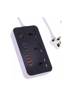 COMFET COMFET 9 in 1 Universal Power Strip Extension Cord with USB C 2 Slots,3 Wide Universal Sockets and 4 USB Ports, 110-240v, UK Plug 3 Pin Power Socket 2500w, 3 meter cable, International Plug. (BLACK)  - Image 1