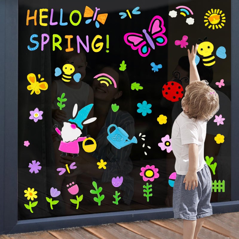 HOHUCRAB 6 Sheets Spring Gel Window Clings,Hello Springs, Flowers, Butterfly Bees, Birds for Spring Decorations, Easter Window Clings Holiday Party Decorations - Image 3