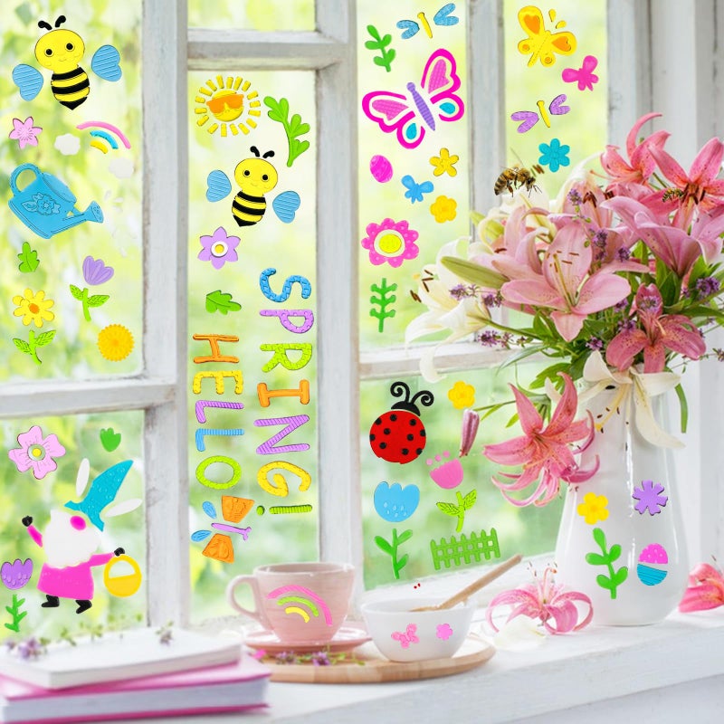 HOHUCRAB 6 Sheets Spring Gel Window Clings,Hello Springs, Flowers, Butterfly Bees, Birds for Spring Decorations, Easter Window Clings Holiday Party Decorations - Image 2