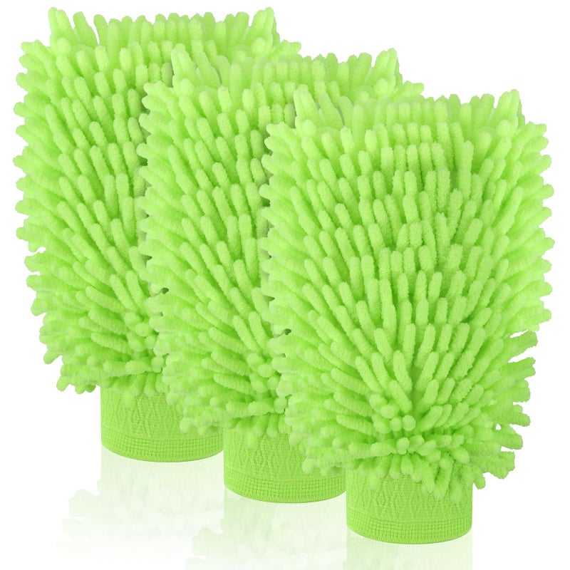 3 Pack Chenille Microfiber Car Wash Mitt, 7 x 9.6 Car Washing Mitts, Home Dusting Gloves, Scratch Free Lint-Free, Highly Absorbent, Double Sided, for Cleaning Detailing Polish (Green) - Image 1
