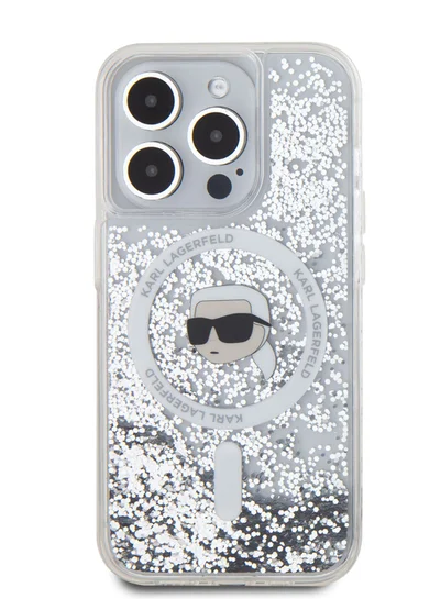 Karl Lagerfeld Magsafe Liquid Glitter Hard Case with Karl Head for iPhone 16 Pro / Drop protection / Slim Profile / Comfortable Grip - Transparent