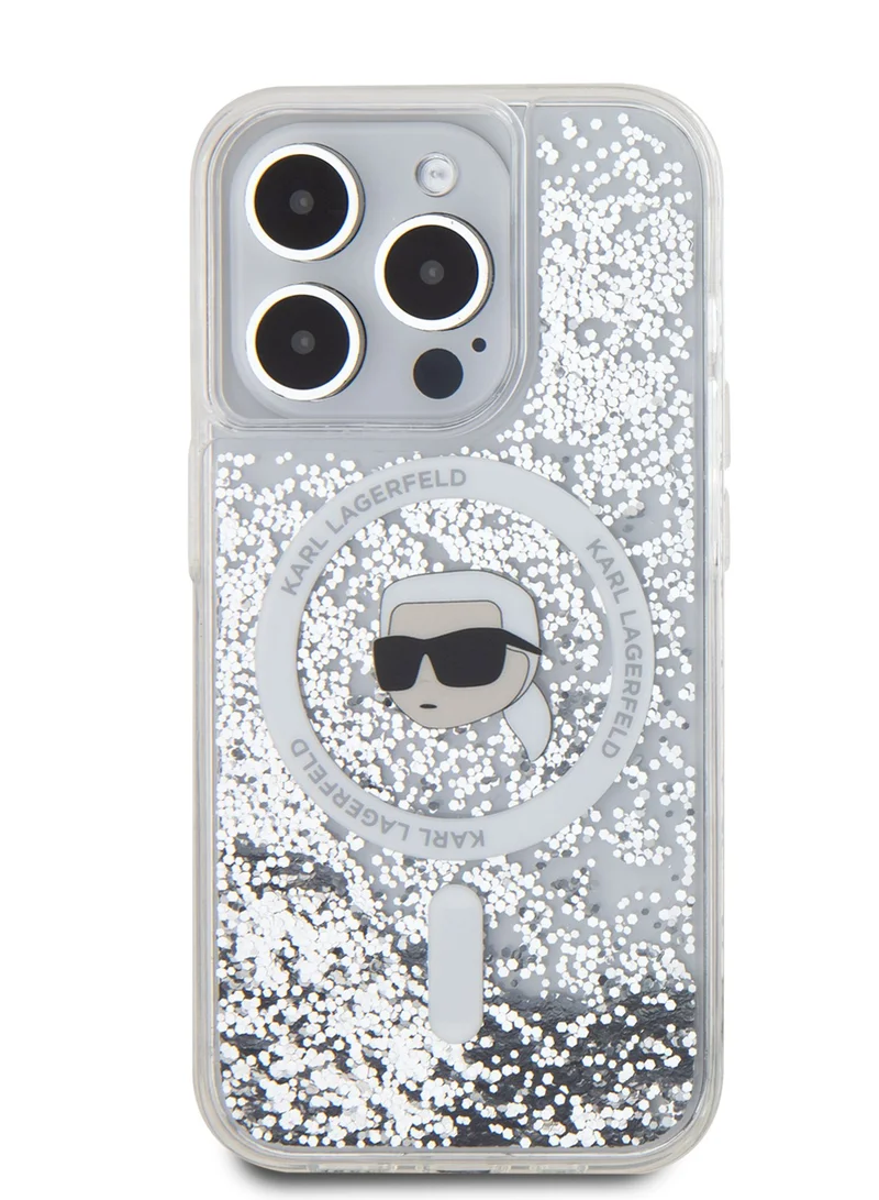 Karl Lagerfeld Magsafe Liquid Glitter Hard Case with Karl Head for iPhone 16 Pro / Drop protection / Slim Profile / Comfortable Grip - Transparent