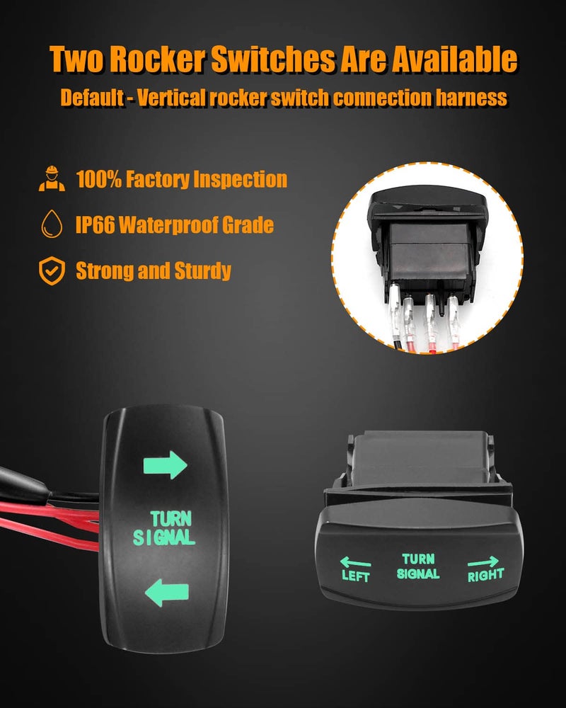 TIKSCIENCE Universal Rocker Switch Turn Signals Street Legal Kit Fit for ATV UTV Polaris Ranger RZR, Kit Including Wiring Harness with Flasher Relay, Vertical and Horizontal Non-Backlit Green - Image 3