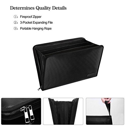 ENGPOW Expanding File Folder Important Document Organizer Fireproof & Waterproof Document Bag with A4 Size 3 Pockets Zipper Closure Non-Itchy Silicone Coated Portable Filing Wallet Pouch(14.3inx9.8inx1.6in) - Image 3
