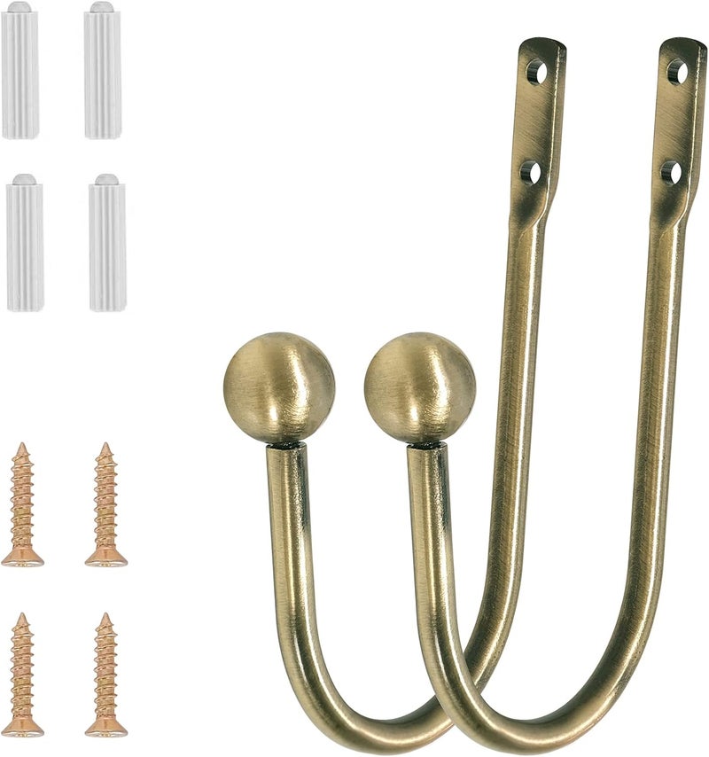 HEMOUR Curtain Holdback, 2 Pcs Wall Mounted Drapery Tiebacks with Screws, Heavy Duty Metal Decorative Window Drapery Holder Curtain Hook, Brass - Image 4