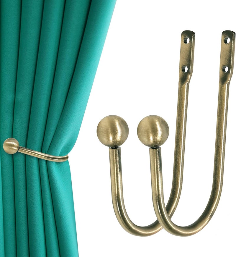 HEMOUR Curtain Holdback, 2 Pcs Wall Mounted Drapery Tiebacks with Screws, Heavy Duty Metal Decorative Window Drapery Holder Curtain Hook, Brass - Image 1