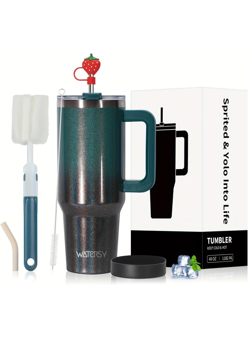 WATERSY 40 oz Coffee Mug to Go Thermal Mug Double-Walled Stainless Steel Vacuum Leak-Proof Drinking Cup with Handle and Straw Thermal Tumbler Dark Green - Image 1
