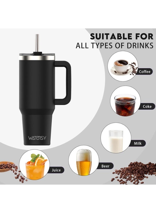WATERSY 40 oz Coffee Mug to Go Thermal Mug Double-Walled Stainless Steel Vacuum Leak-Proof Drinking Cup with Handle and Straw Thermal Tumbler Dark Green - Image 3