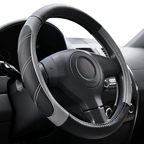 Elantrip Sport Leather Steering Wheel Cover 14 1/2 inch to 15 inch Universal, Padded Soft Grip Breathable for Car Truck SUV Jeep, Anti Slip Odorless Black and Gray - Image 1