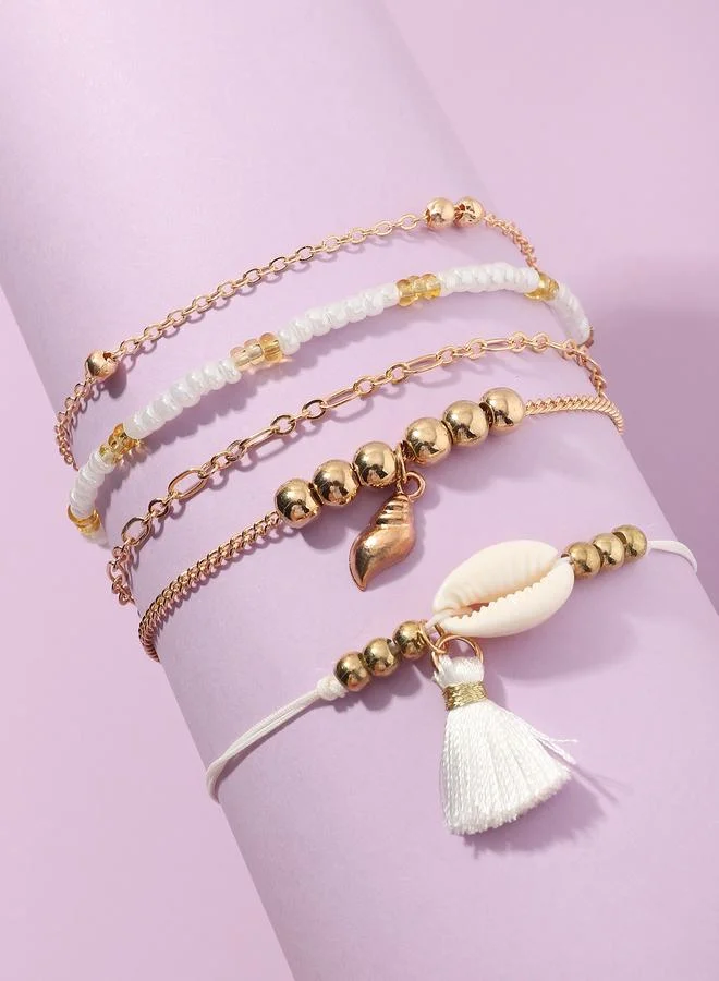 تايك تو Pack of 5 - White and Gold Seashell and tassel Embellished Bracelets