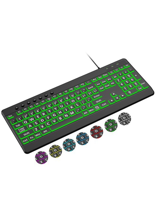 EDJO Large Print Backlit Wired Keyboard, Light Up USB Keyboard with 7-Colors Backlight, Oversize Letters Keys Full Size Computer Keyboard Compatible for Windows, Laptop, PC - Image 1