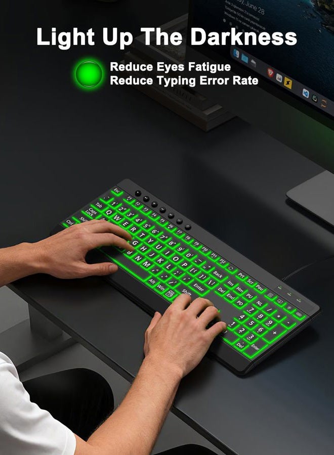 EDJO Large Print Backlit Wired Keyboard, Light Up USB Keyboard with 7-Colors Backlight, Oversize Letters Keys Full Size Computer Keyboard Compatible for Windows, Laptop, PC - Image 4