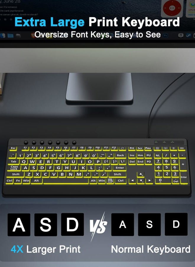 EDJO Large Print Backlit Wired Keyboard, Light Up USB Keyboard with 7-Colors Backlight, Oversize Letters Keys Full Size Computer Keyboard Compatible for Windows, Laptop, PC - Image 2