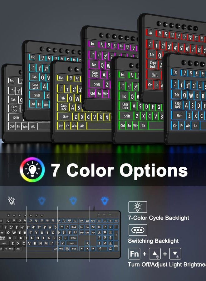 EDJO Large Print Backlit Wired Keyboard, Light Up USB Keyboard with 7-Colors Backlight, Oversize Letters Keys Full Size Computer Keyboard Compatible for Windows, Laptop, PC - Image 3