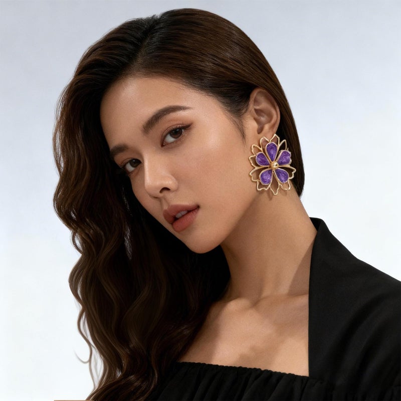 Decixde Gold Big Flower Dangle Earrings Boho Large Flower Statement Earrings Irregular Petal Earring Unique Trendy Wedding Holiday Jewelry(purple) - Image 2