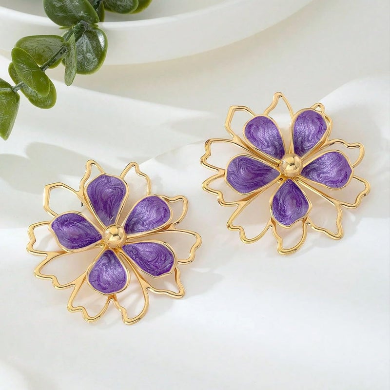 Decixde Gold Big Flower Dangle Earrings Boho Large Flower Statement Earrings Irregular Petal Earring Unique Trendy Wedding Holiday Jewelry(purple) - Image 4