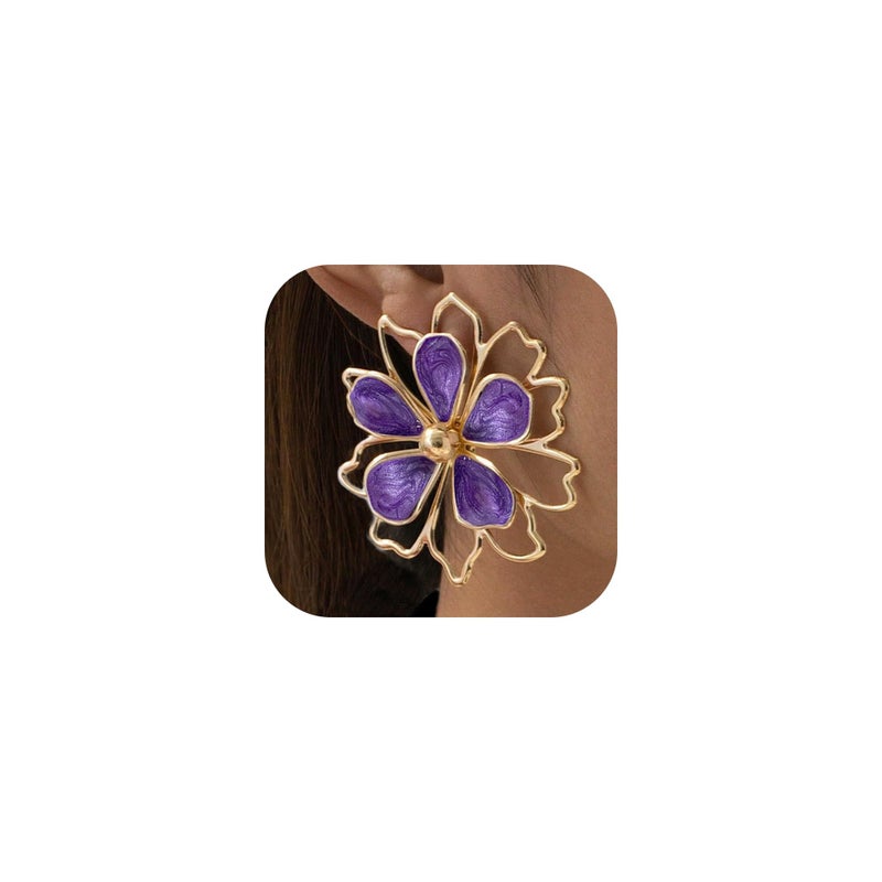Decixde Gold Big Flower Dangle Earrings Boho Large Flower Statement Earrings Irregular Petal Earring Unique Trendy Wedding Holiday Jewelry(purple) - Image 1