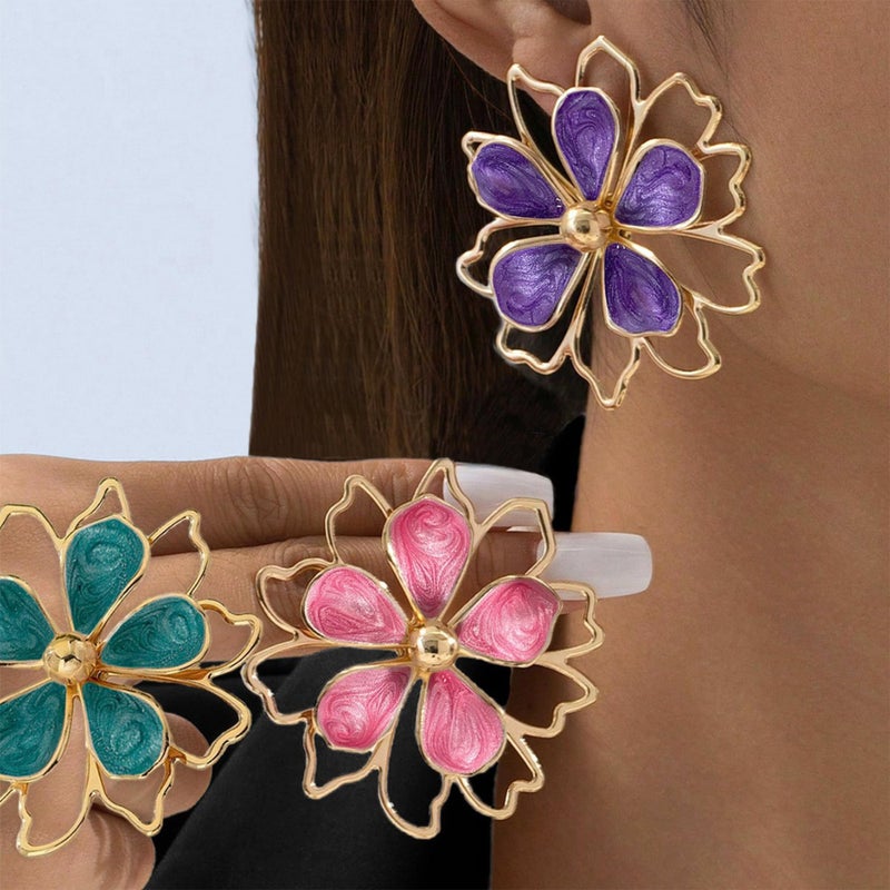 Decixde Gold Big Flower Dangle Earrings Boho Large Flower Statement Earrings Irregular Petal Earring Unique Trendy Wedding Holiday Jewelry(purple) - Image 3