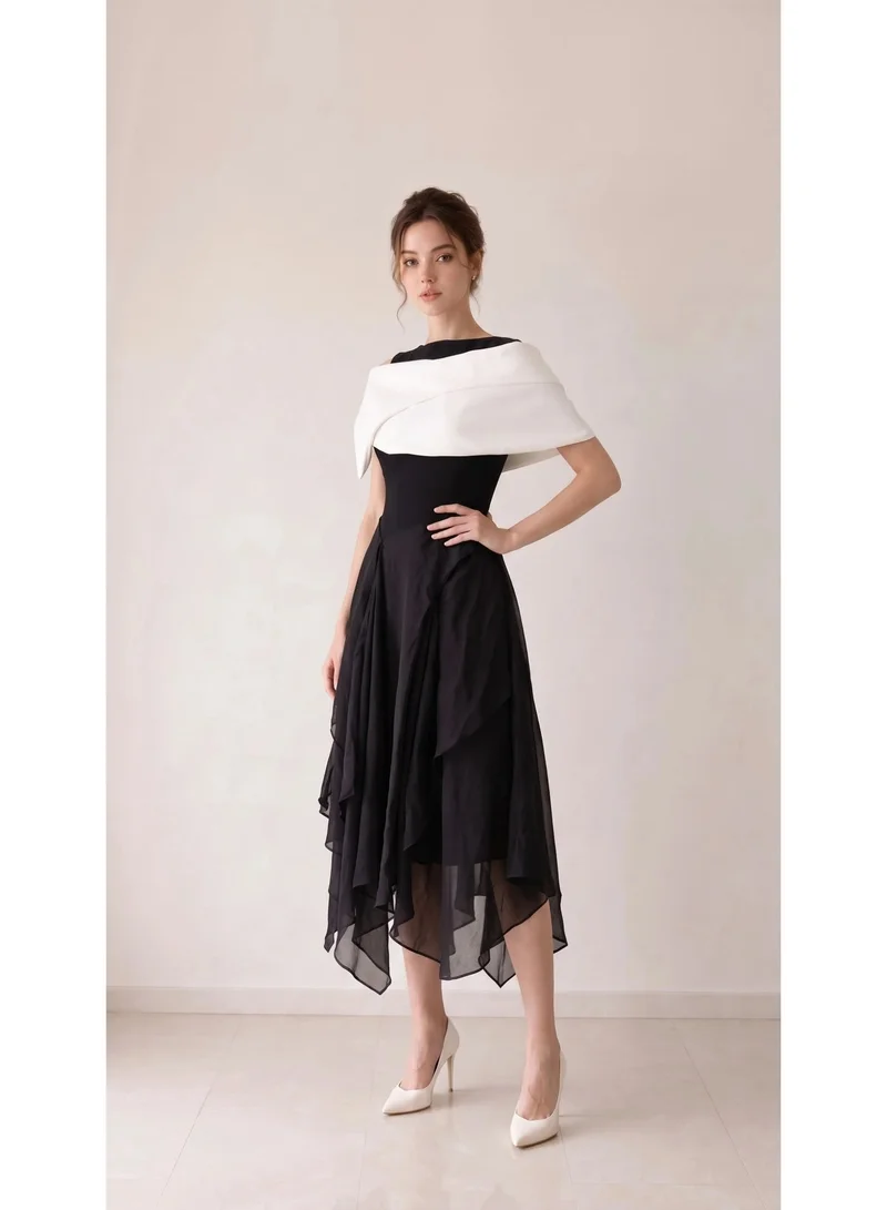 2Trendy Chloe Midi Dress with Crossover Shoulder Layer and Layered Chiffon Skirt - Black