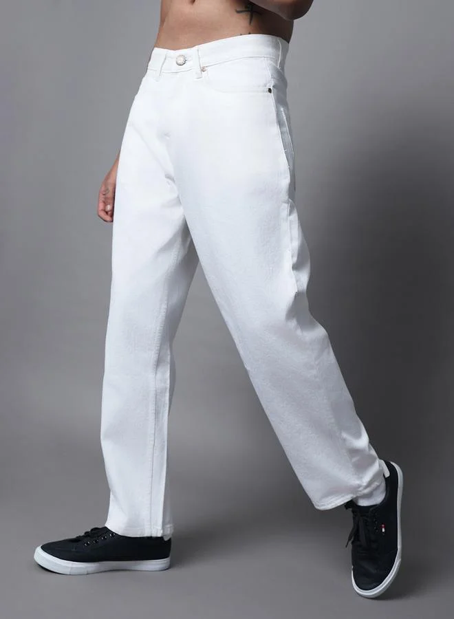 HIGH STAR Men's White Cotton Blend Solid Pattern Full Length Straight Fit Jeans