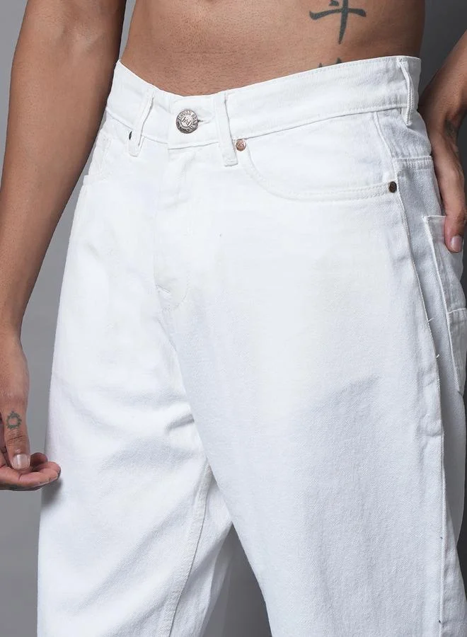 HIGH STAR Men's White Cotton Blend Solid Pattern Full Length Straight Fit Jeans